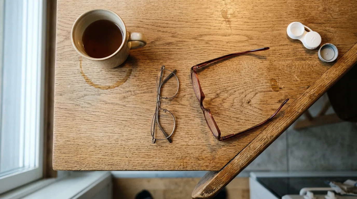 Progressiva glasögon och läsglasögon bredvid varandra på ett köksbord i morgonljus