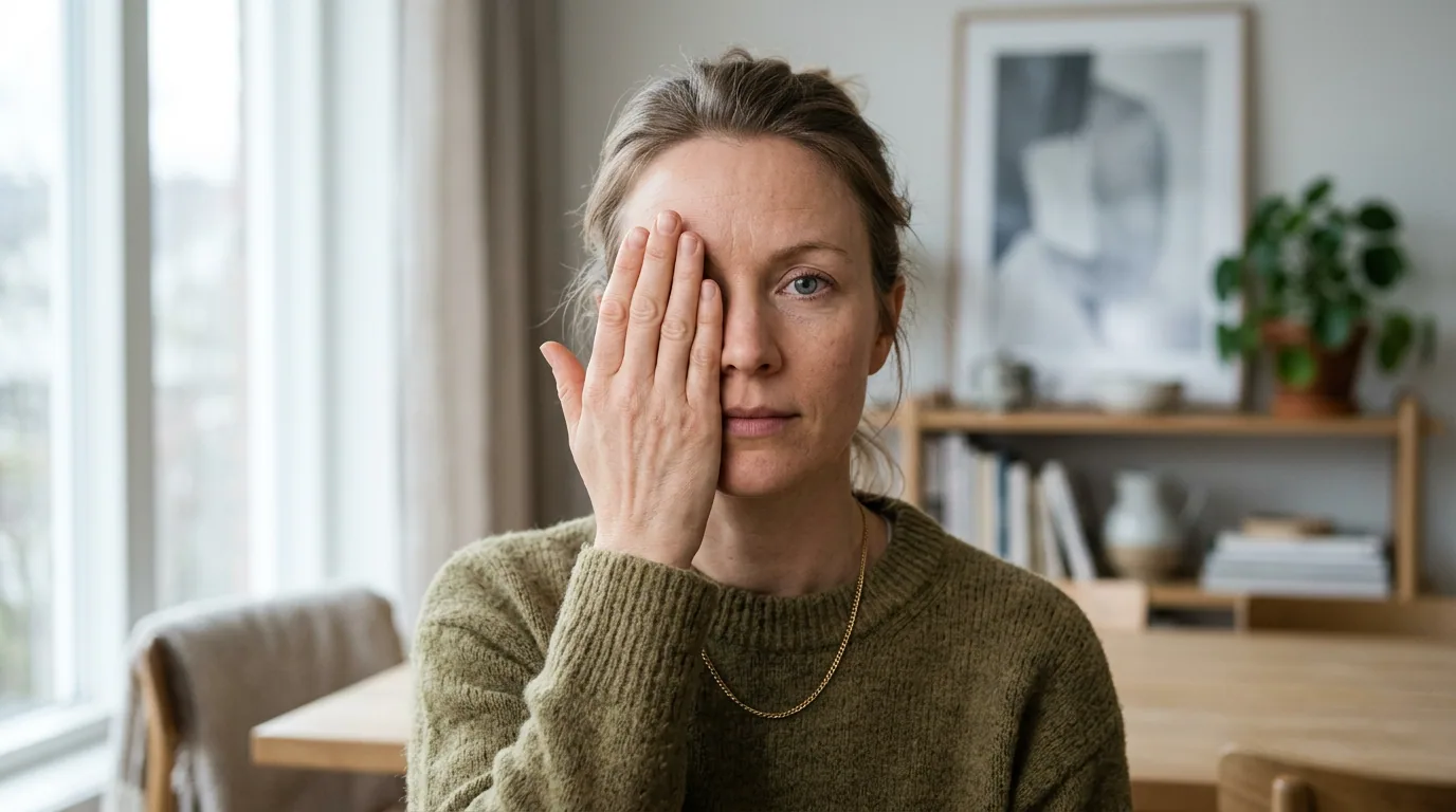 Illustration av självtestet där en hand täcker för ett öga i taget för att avgöra om synrubbningen sitter på ett öga eller båda