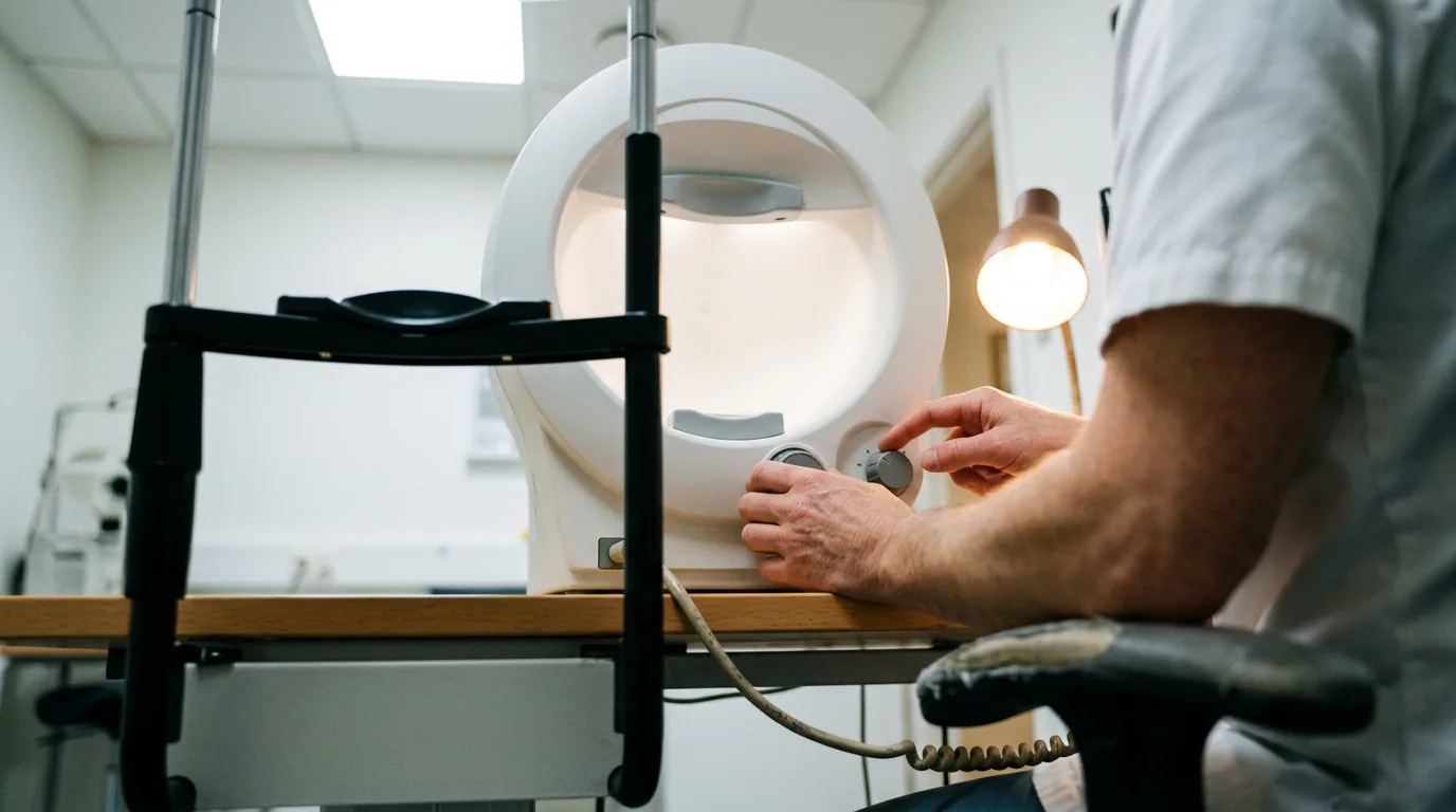 Närbild av en optikers händer på reglagen till en synfältsapparat, med ett tomt hakstöd framför den ljusa kupolen