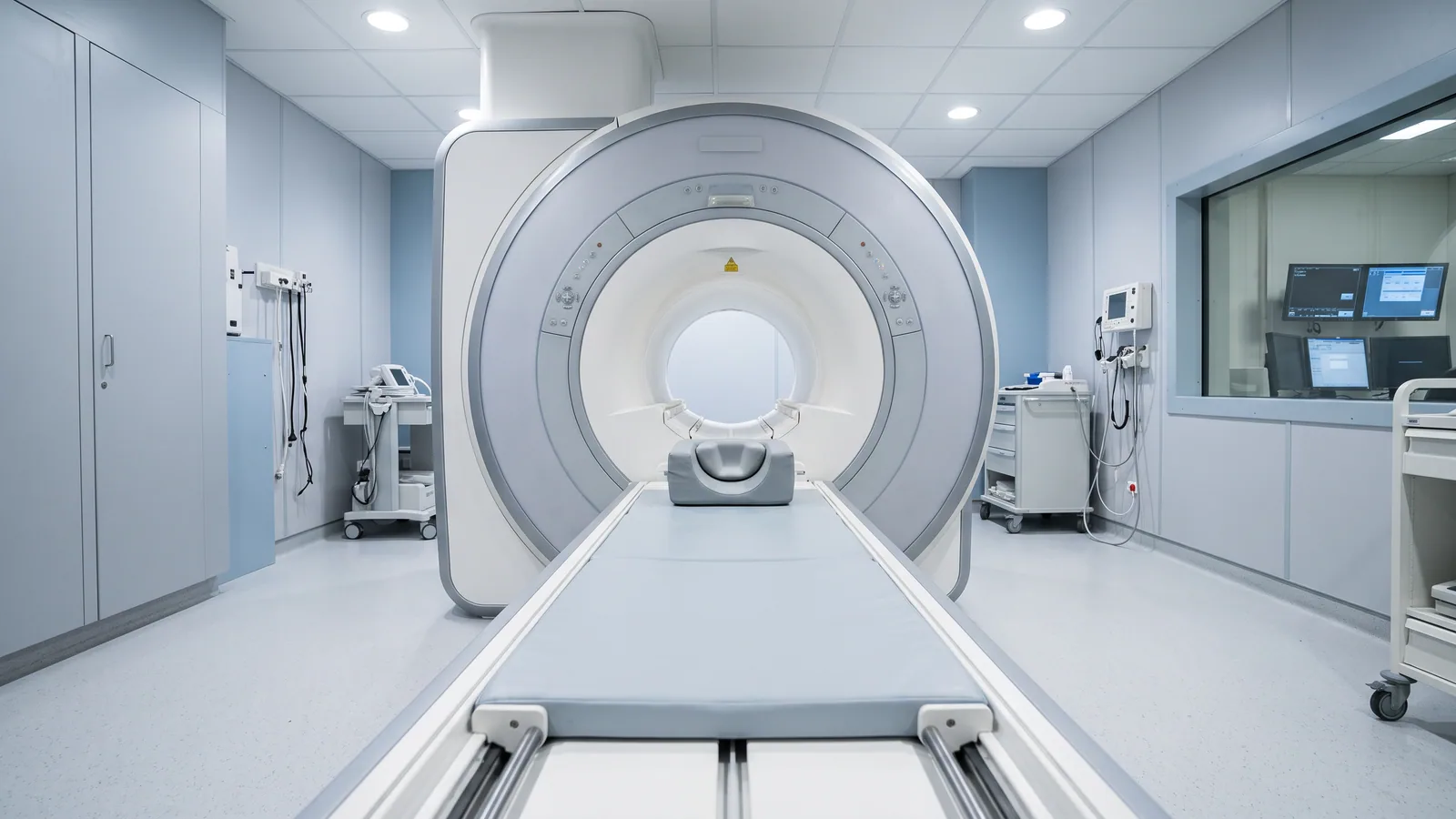 En tom magnetkamera i ett ljust undersökningsrum på sjukhus, sedd från fotändan av patientbritsen