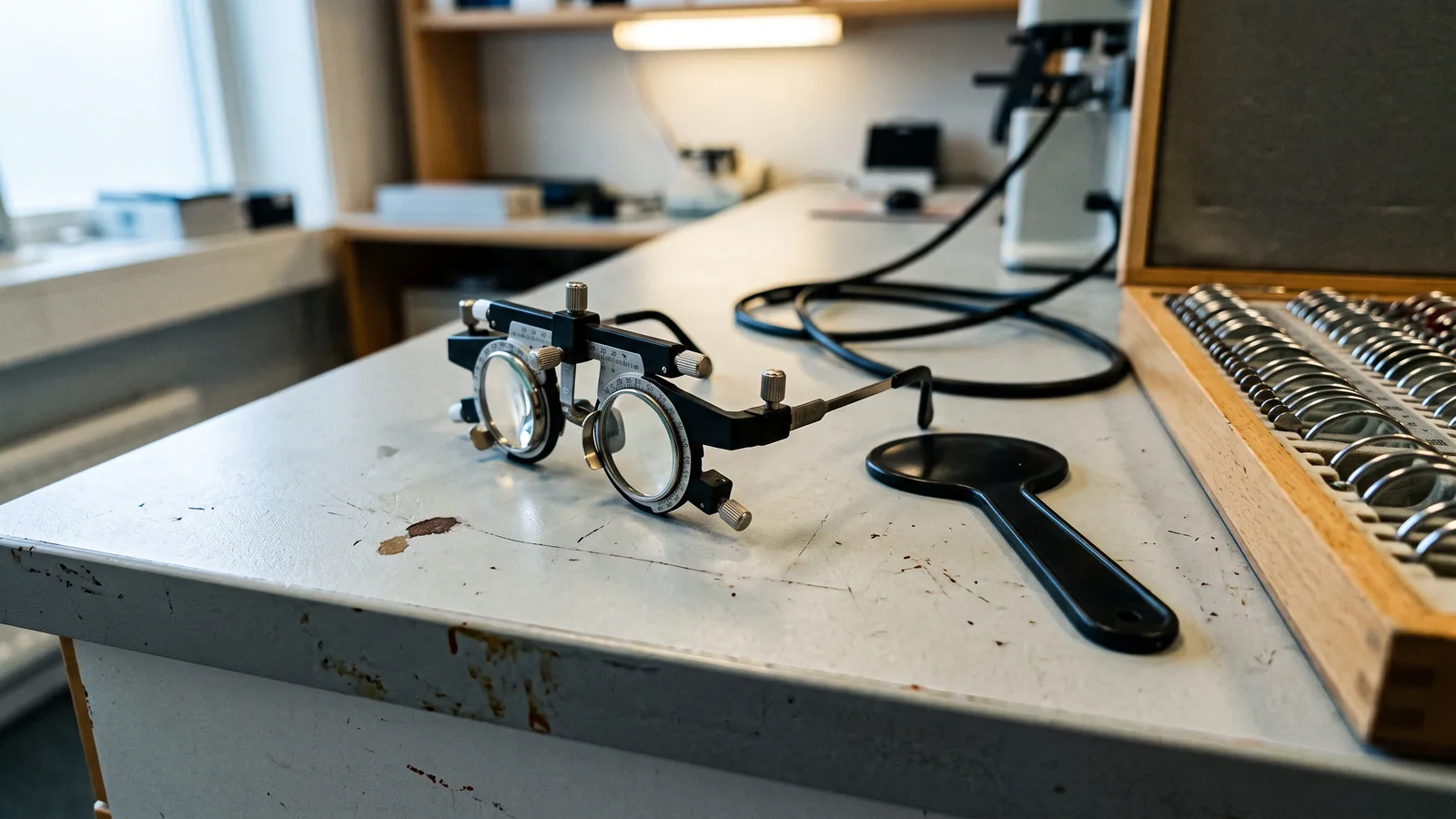 Provbåge och ockluder på arbetsbänken i en optikerverkstad, bredvid en uppfälld låda med provlinser