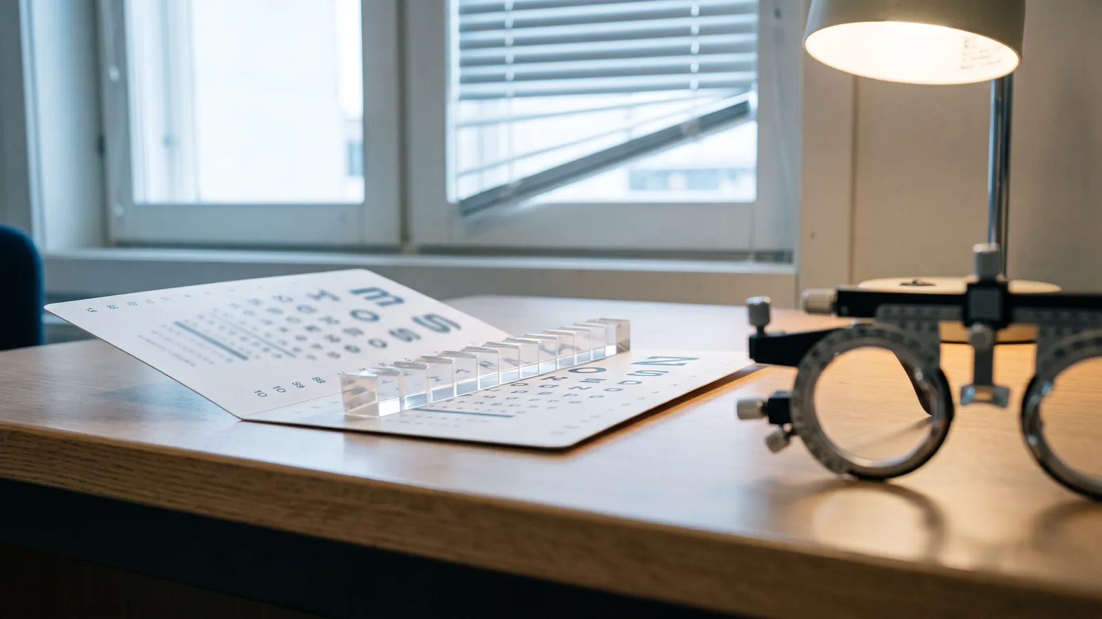 Prismalinjal lagd över ett läskort på en optikers arbetsbord, med en provbåge ur fokus i kanten