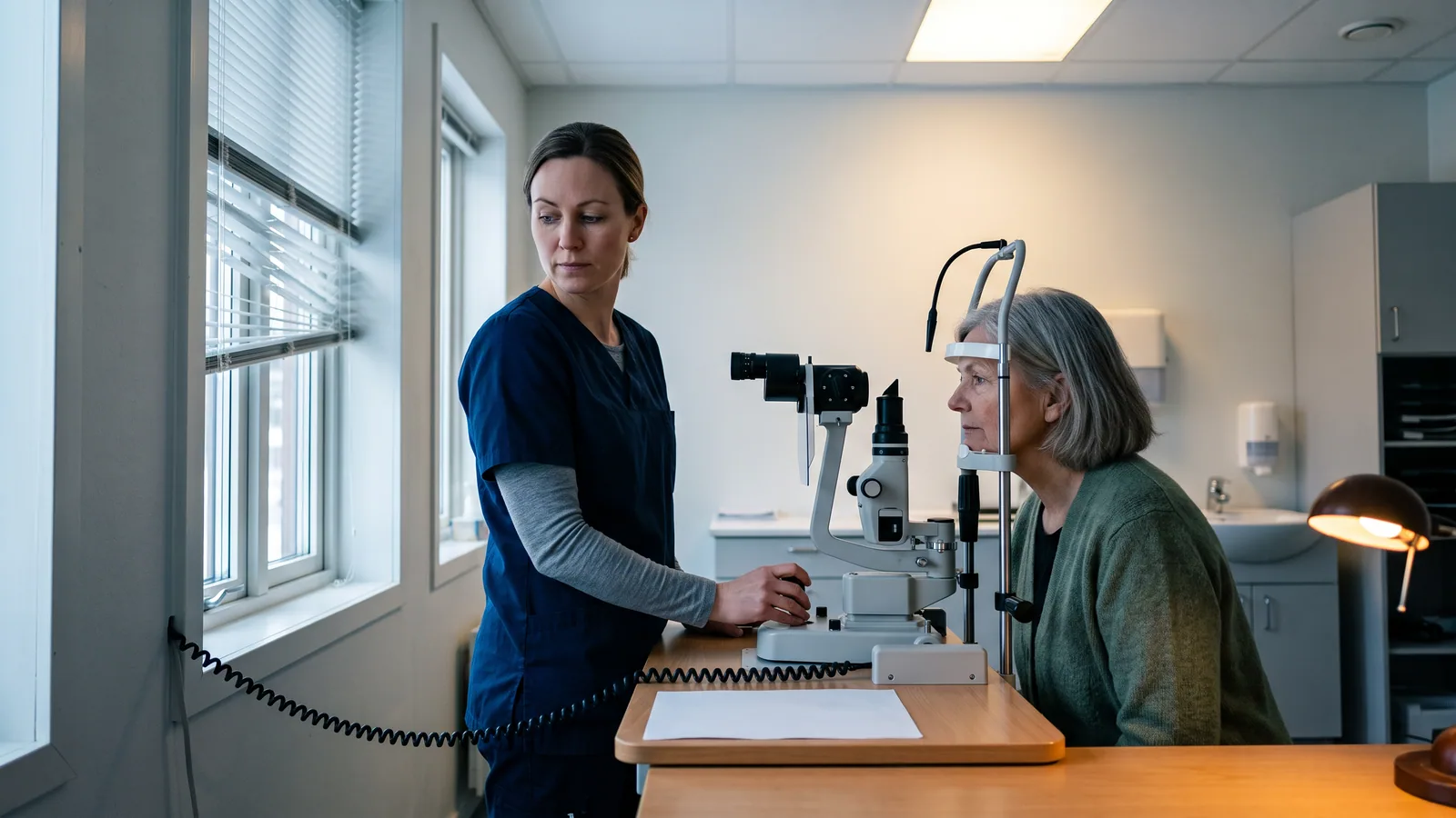 En optiker justerar en spaltlampa i ett ljust undersökningsrum medan en kvinna i sextioårsåldern sitter med hakan mot stödet