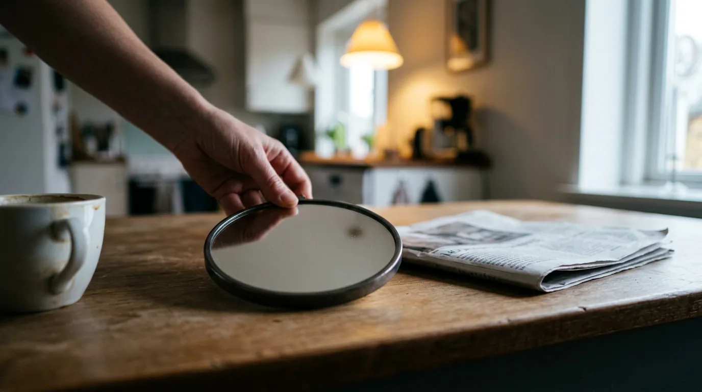 Två händer sätter ner en liten rund handspegel på ett köksbord i morgonljus, inför en självkontroll av ögonlocken framför spegeln