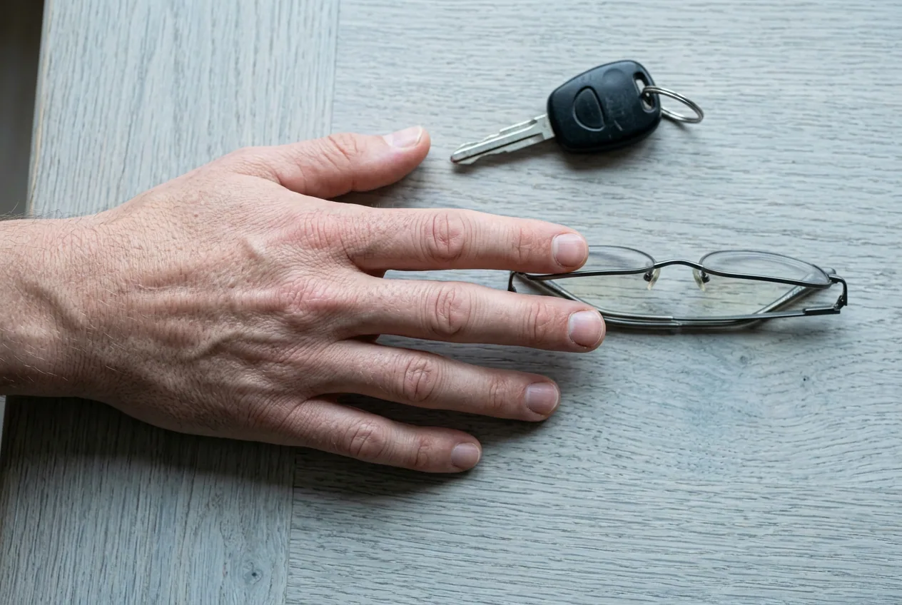 Hand som sträcker sig mot en bilnyckel och ett par glasögon på ett ljust bord
