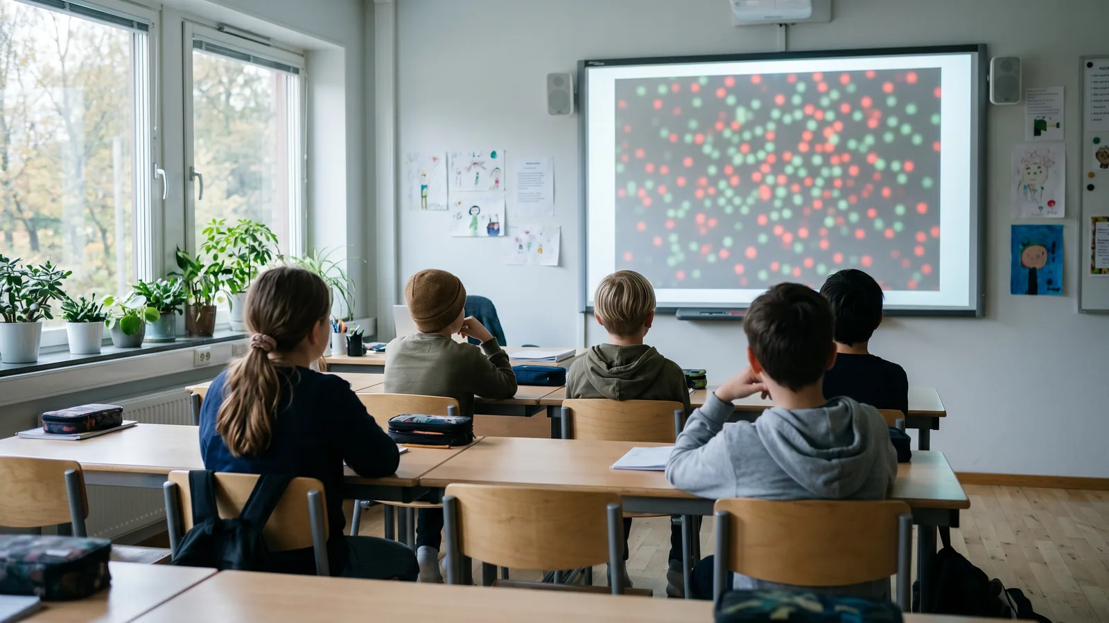 Elever tittar på en Ishihara-liknande färgprickstavla på klassrummets smartboard i lugnt dagsljus