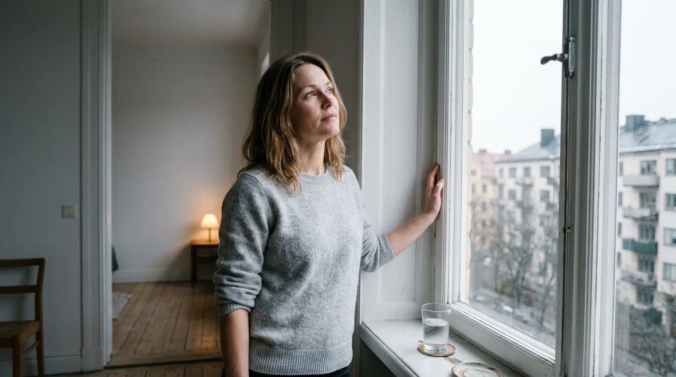 En kvinna står vid ett högt fönster i en ljus lägenhet en grå förmiddag och följer något med blicken uppe i den vita himlen